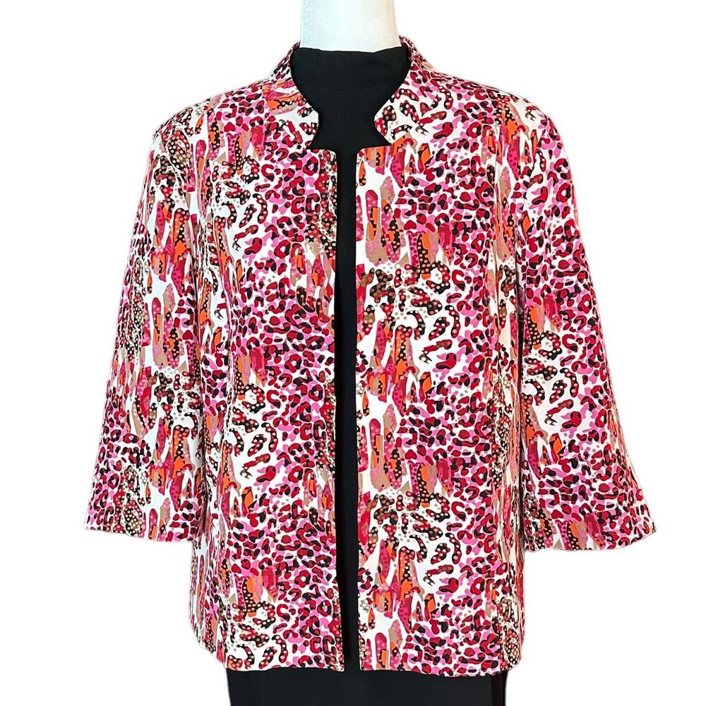 Investments Women's Jacket Pink Orange 3/4 Sleeve Animal Print Lined Size 16